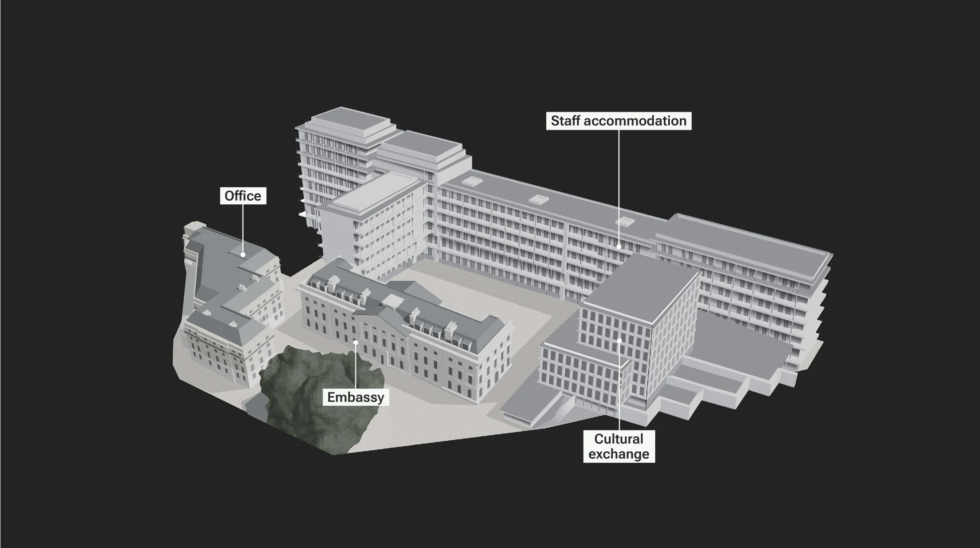 Rendering del progetto di ambasciata cinse a Londra