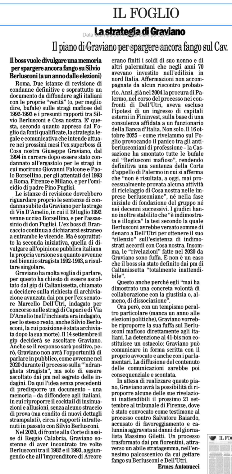 Graviano story: il Foglio anticipa la difesa e le controaccuse sulle rivelazioni dei capimafia